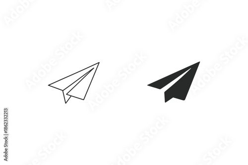 Two paper airplanes, one outlined and one solid black, isolated on white background