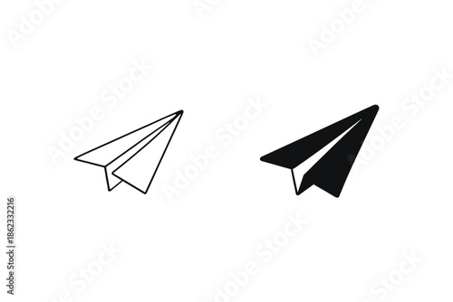 Two paper airplanes, one outlined and one solid black, flying on a white background