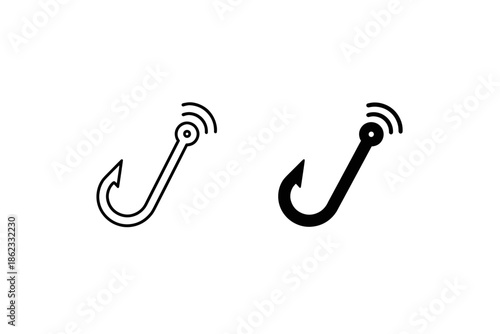 Fishing hook icon with signal waves, representing online fishing or data capture