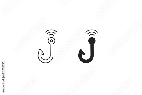 Digital fishing hook icons with signal waves, representing online bait or cyber security