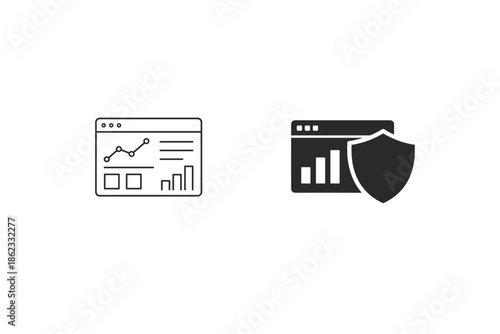 Two icons showing data analytics and security shields on white background