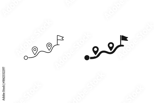 Route map with pins and flag icon, representing travel and destination planning