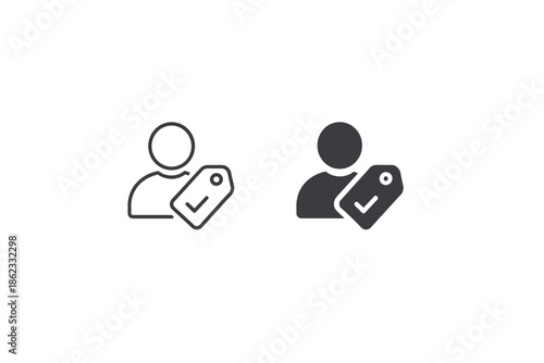 User profile icon with a tag and checkmark, representing customer satisfaction or verified status