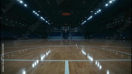 Indoor basketball court perspective with bright lights and empty seats, ready for a game