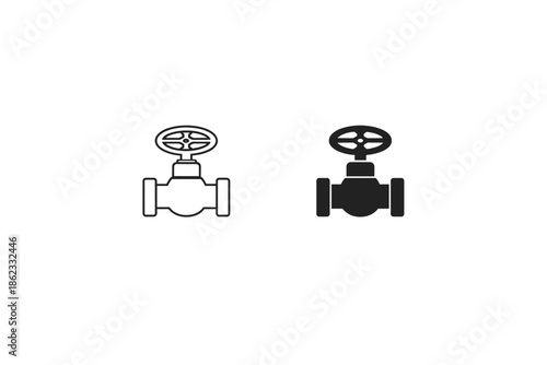 Simple line and solid black icons of a water valve on a white background