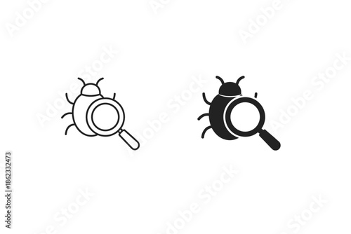 Bug icon with magnifying glass, representing search and debugging in technology and science