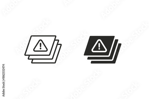 Stack of warning signs with exclamation mark in triangle, outline and solid icons