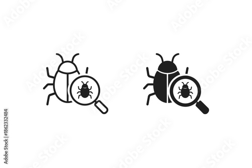 Bug search icon and magnifying glass symbol for software debugging and pest control concepts