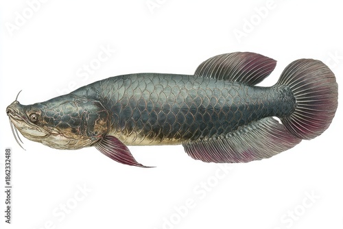Realistic Illustration of Arapaima: A Floating Fish in Isolated Graphic Style