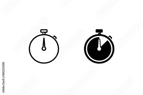 Two stopwatch icons, one outlined and one solid black, representing time and measurement