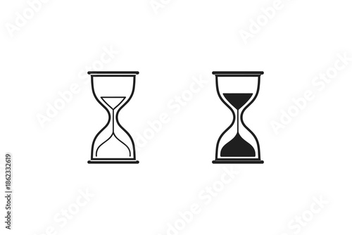 Two hourglass icons, one empty and one filled, representing time passing and measurement
