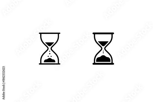 Two hourglass icons showing different stages of sand falling, representing time passing