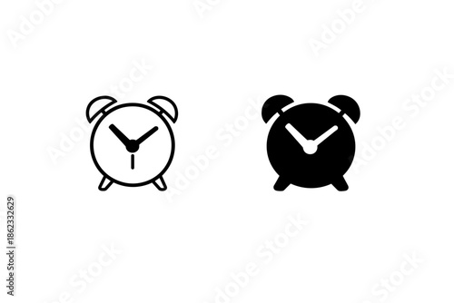 Simple alarm clock icons in outline and solid black styles for easy recognition