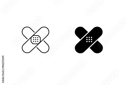 Two stylized band-aid icons, one outlined and one solid black, crossed over each other