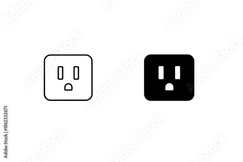 Simple icons of electrical outlets in black and white outline and solid fill