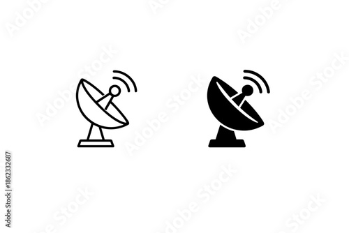 Satellite dish icon for communication and broadcasting signals, line art and solid fill