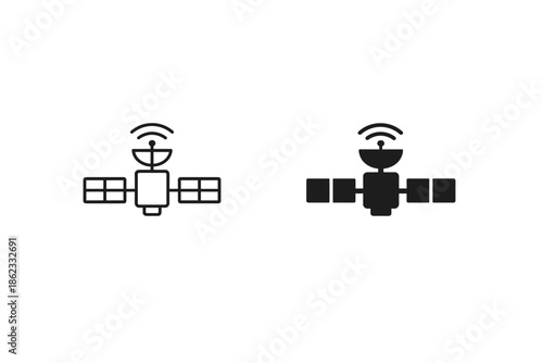 Simple satellite icon with solar panels and antenna transmitting signals, in outline and solid styles