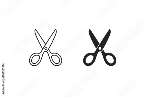 Two simple scissors icons, one outlined and one solid black, on a white background
