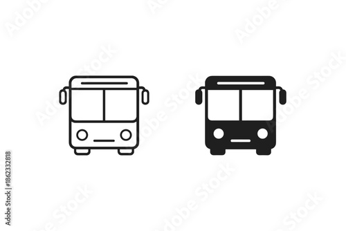 Simple bus icons in outline and solid black, front view, isolated on white background