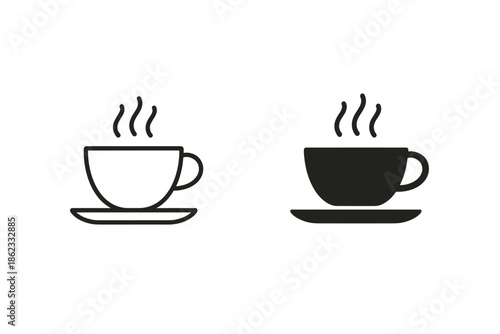 Hot beverage icons: a steaming cup of coffee or tea in outline and solid fill