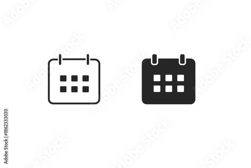 Simple calendar icons in outline and solid black for planning and scheduling