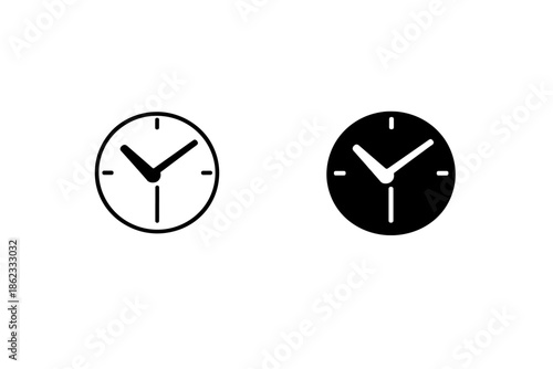 Simple clock icons, one black and one white, representing time and scheduling