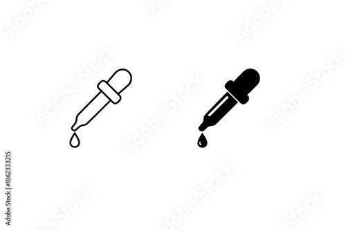 Two dropper icons, one outlined and one solid black, with a drop falling from each