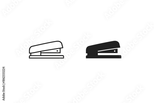 Simple line art and solid silhouette icons of a stapler on a white background