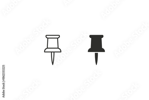 Two push pins, one outlined and one solid black, isolated on a white background