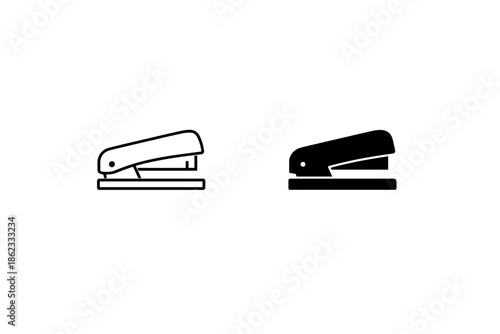 Simple line art and solid silhouette icons of a stapler on a white background