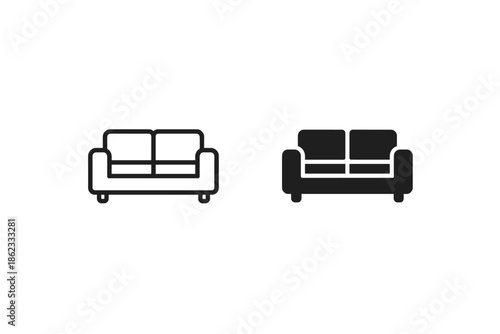 Simple sofa icons in outline and solid black styles for design projects