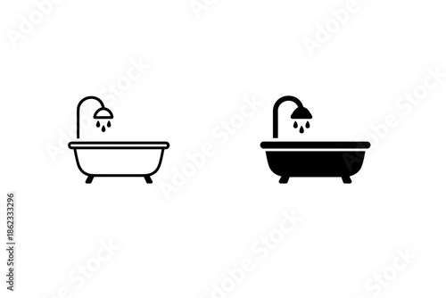 Simple bathtub with shower icon in outline and solid black styles
