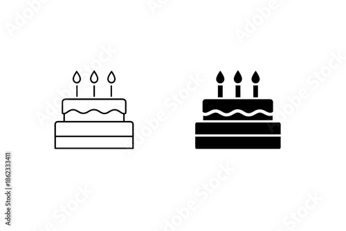 Two simple cake icons with candles, one outline and one solid black