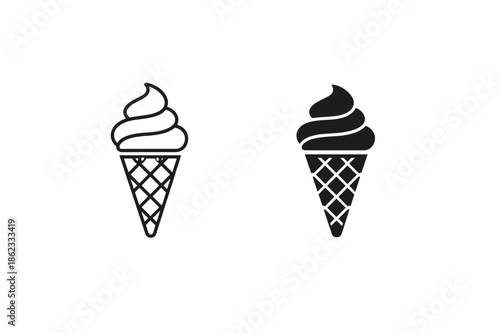 Simple line art and solid silhouette icons of soft serve ice cream cones
