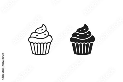 Simple line art and solid silhouette icons of a cupcake with frosting and sprinkles