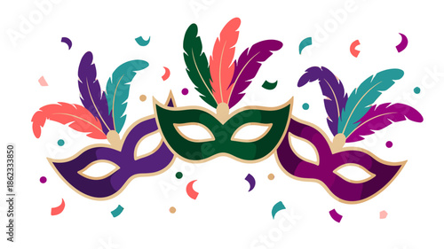 Colorful carnival masks and confetti in festive celebration.