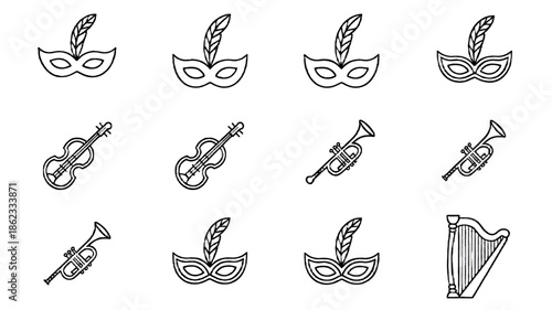 Array of musical instrument icon and masquerade mask icons in illustration format.