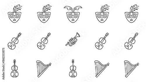 Musical instruments and masquerade masks as design elements.