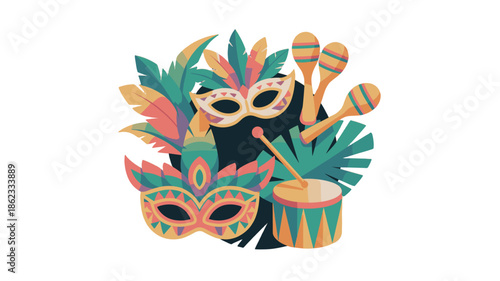 Colorful carnival elements, a vibrant display of masks, maracas, drum, and festive decorations.