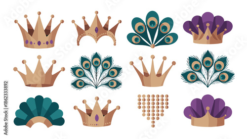 Diverse set of ornamental crown illustrations and peacock feather designs.