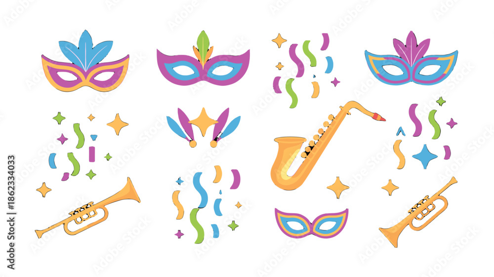 Obraz premium Colorful carnival masks and musical instrument and party decorations.