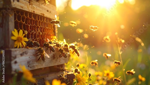 Close-up of busy bees swarming around a wooden hive with exposed honeycomb, bathed in warm sunlight. Yellow wildflowers are in the foreground