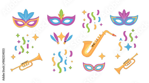 Colorful carnival masks and musical instrument and party decorations.