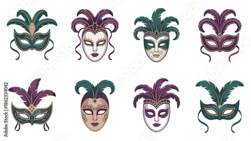 A collection of ornate carnival masks with feathers, ideal for festive celebrations.