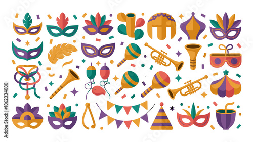Festive masks and instruments, a vibrant collection of carnival elements.
