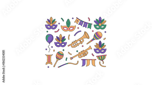 A vibrant and festive carnival illustration with masks, instruments, and confetti.