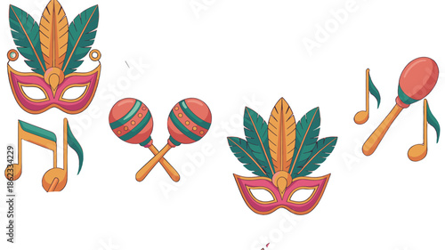 Colorful carnival masks and musical instruments, evoking festive spirit.
