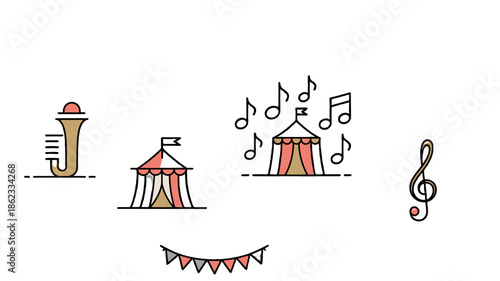 Colorful Circus Icons Featuring Musical Instruments and Circus Tent.