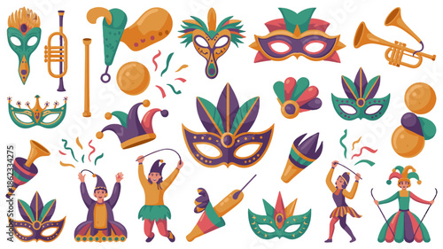 A collection of colorful masquerade masks and festive elements for carnival celebration.