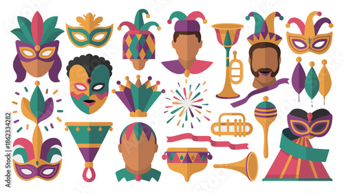 Vibrant carnival elements including masks, trumpets, and festive hats.